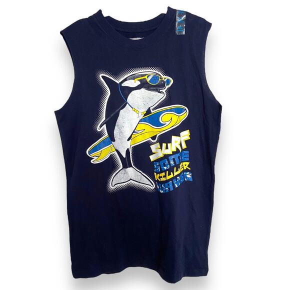 The Children's‎ Place Boys Tank Top Size XL 14 Navy Blue Shark Surf Killer Waves - Picture 1 of 6